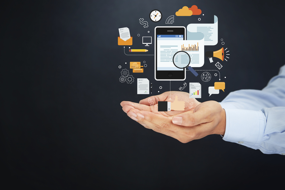 Hands presenting online marketing concept